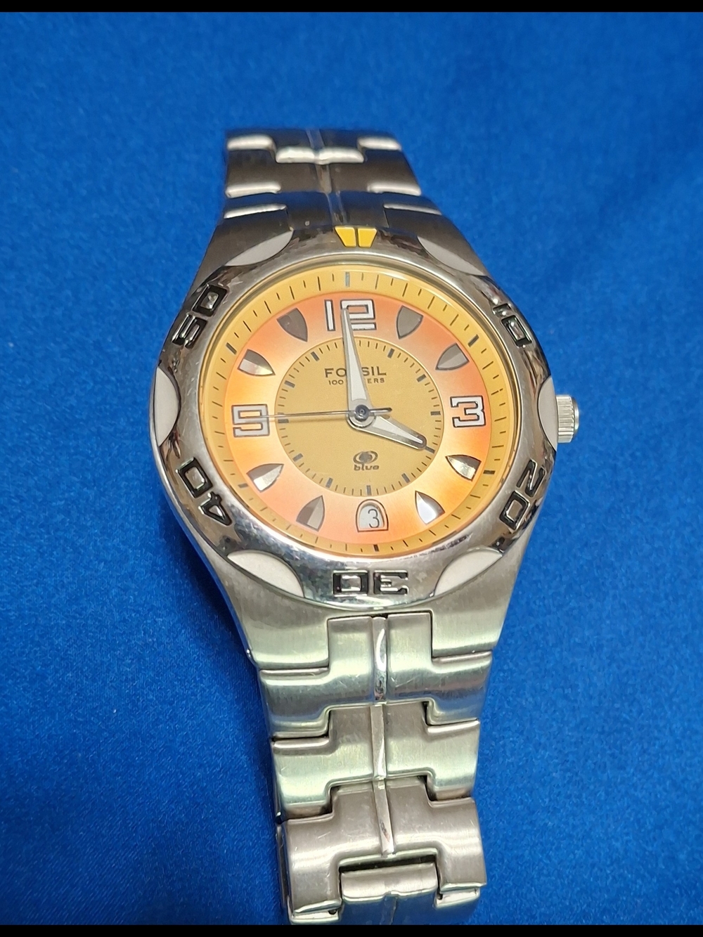 Fossil Blue Sport Stainless Steel Watch with Orange Dial Date